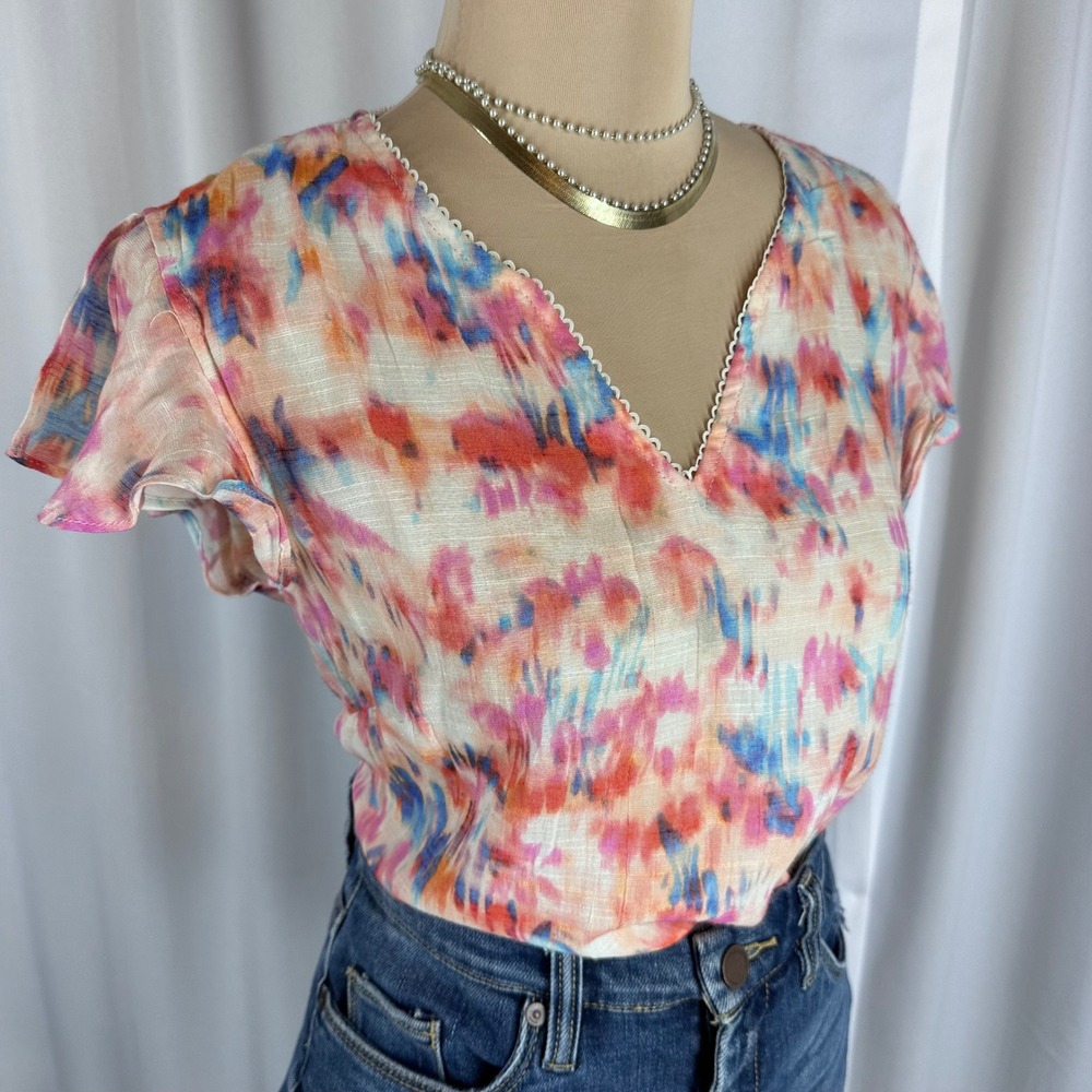 Nanette Lepore Watercolor Tie Dye V-Neck Blouse Lace Trim and Tulip Sleeves Sz L